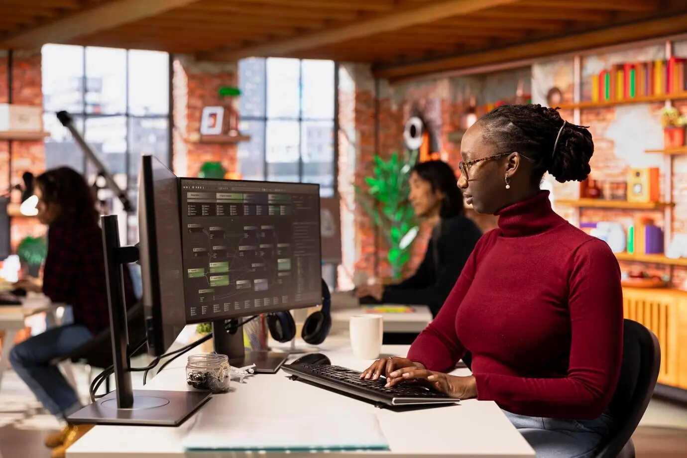 Programmeur codant un algorithme d’IA avancé dans un espace de travail de startup